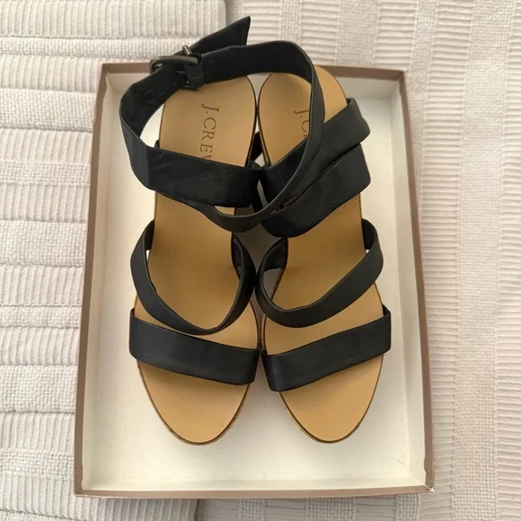 J. Crew | NEW IN BOX Black Leather Wedge Sandals Size 8 - Picture 4 of 9